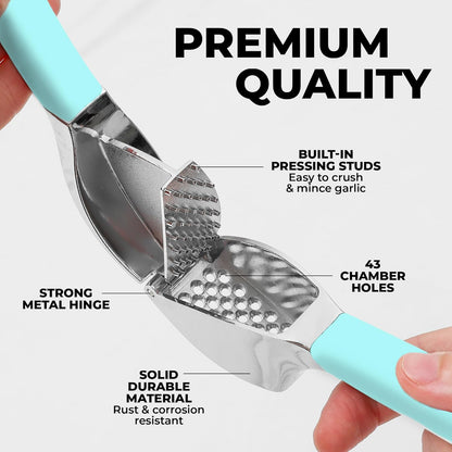 Comfort Grip Garlic Press - Garlic Mincer Tool - Garlic Crusher - Garlic Press Mincer Rust Proof, with Soft Ergonomic Handle, Easy Clean Set with Peeler and Brush