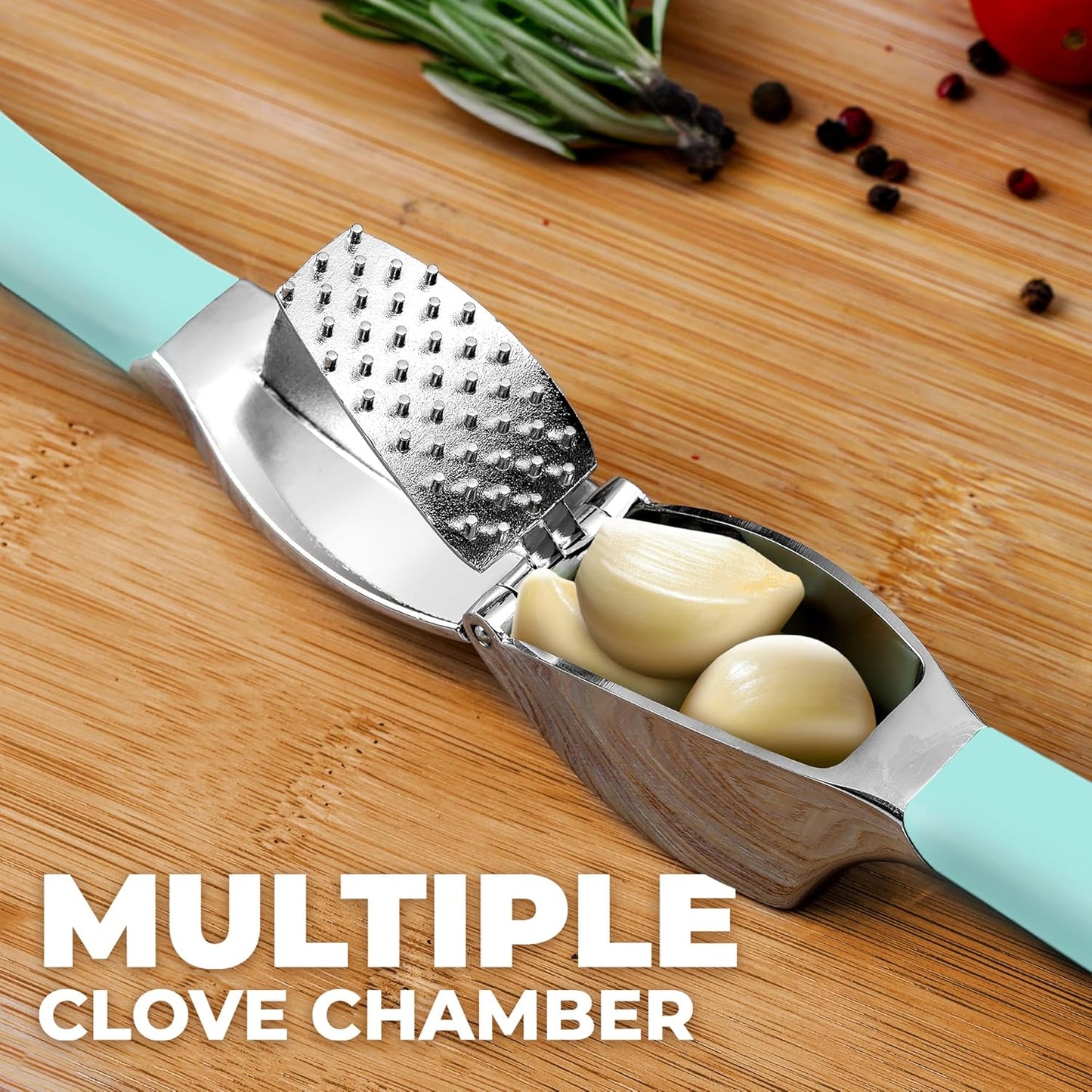 Comfort Grip Garlic Press - Garlic Mincer Tool - Garlic Crusher - Garlic Press Mincer Rust Proof, with Soft Ergonomic Handle, Easy Clean Set with Peeler and Brush