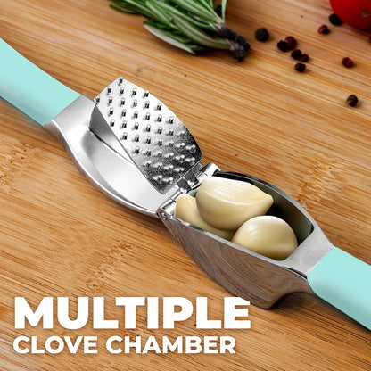 Comfort Grip Garlic Press - Garlic Mincer Tool - Garlic Crusher - Garlic Press Mincer Rust Proof, with Soft Ergonomic Handle, Easy Clean Set with Peeler and Brush