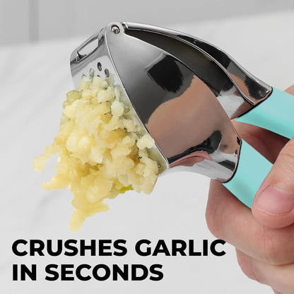 Comfort Grip Garlic Press - Garlic Mincer Tool - Garlic Crusher - Garlic Press Mincer Rust Proof, with Soft Ergonomic Handle, Easy Clean Set with Peeler and Brush