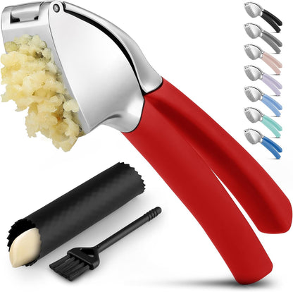Comfort Grip Garlic Press - Garlic Mincer Tool - Garlic Crusher - Garlic Press Mincer Rust Proof, with Soft Ergonomic Handle, Easy Clean Set with Peeler and Brush