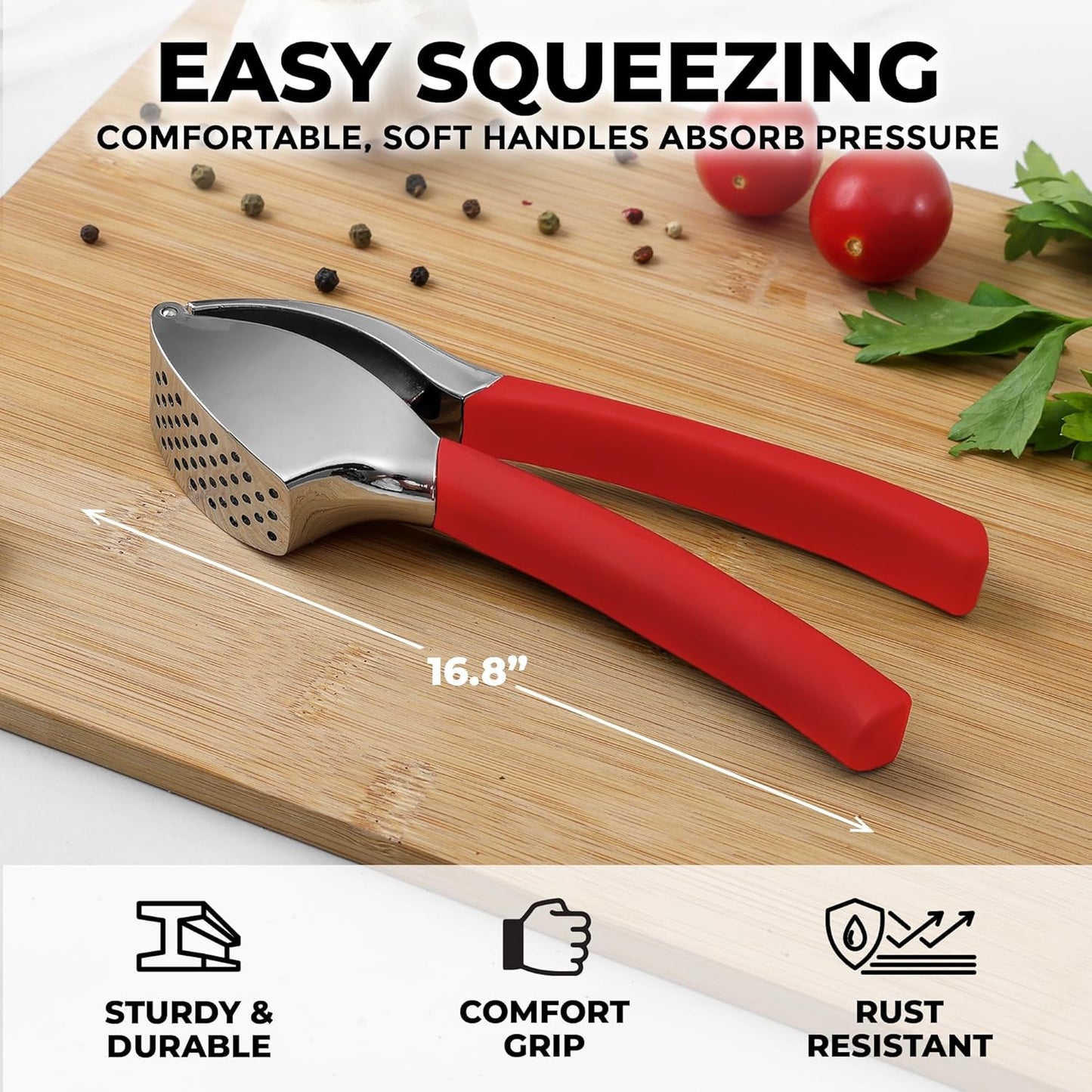 Comfort Grip Garlic Press - Garlic Mincer Tool - Garlic Crusher - Garlic Press Mincer Rust Proof, with Soft Ergonomic Handle, Easy Clean Set with Peeler and Brush