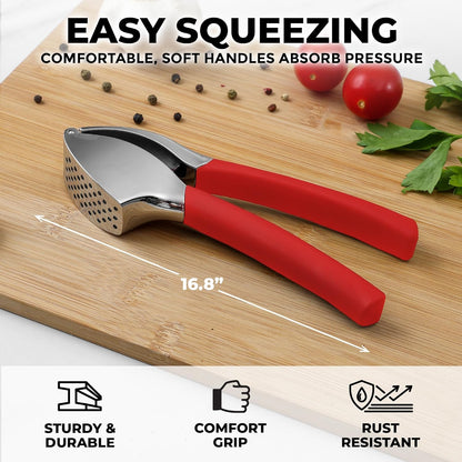 Comfort Grip Garlic Press - Garlic Mincer Tool - Garlic Crusher - Garlic Press Mincer Rust Proof, with Soft Ergonomic Handle, Easy Clean Set with Peeler and Brush