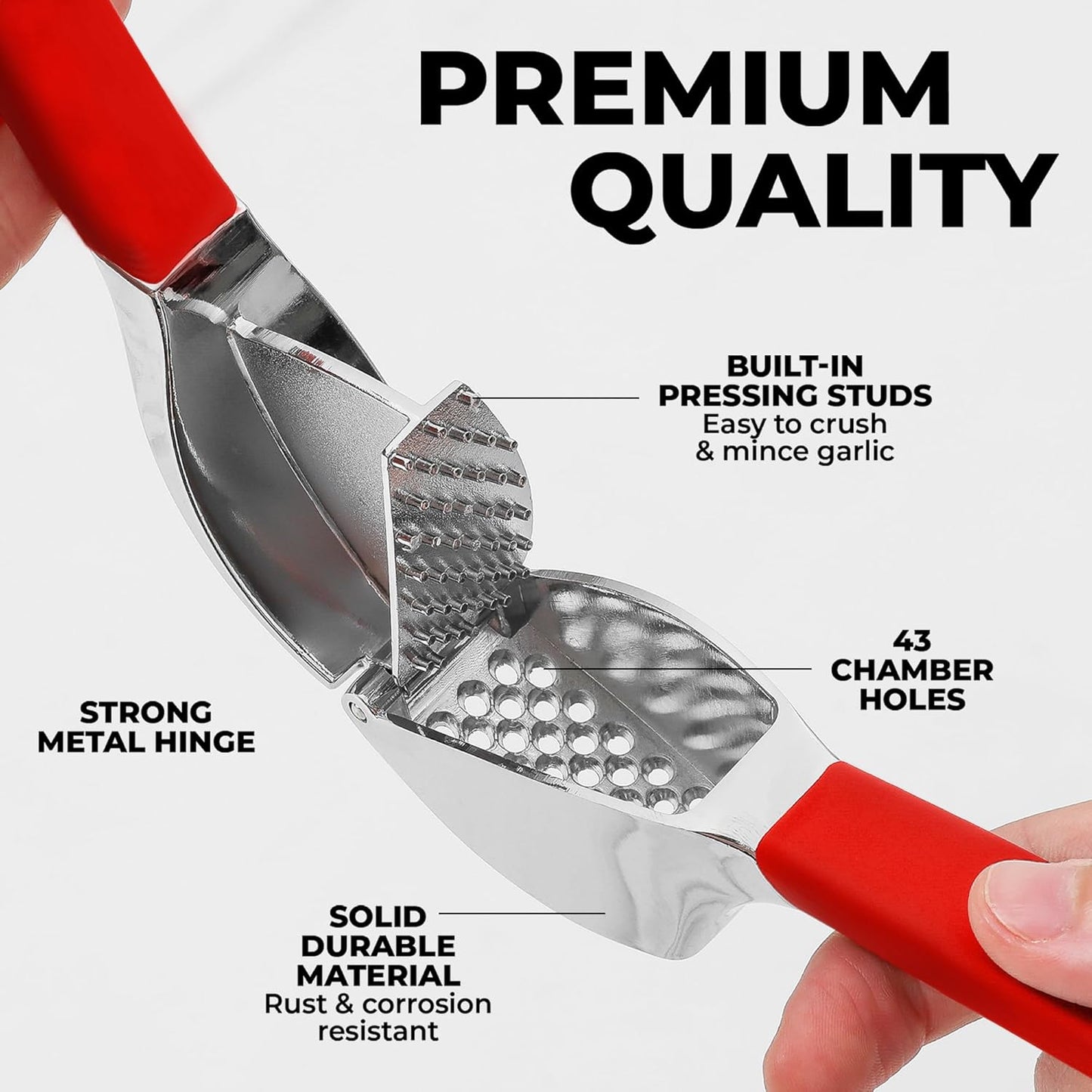 Comfort Grip Garlic Press - Garlic Mincer Tool - Garlic Crusher - Garlic Press Mincer Rust Proof, with Soft Ergonomic Handle, Easy Clean Set with Peeler and Brush