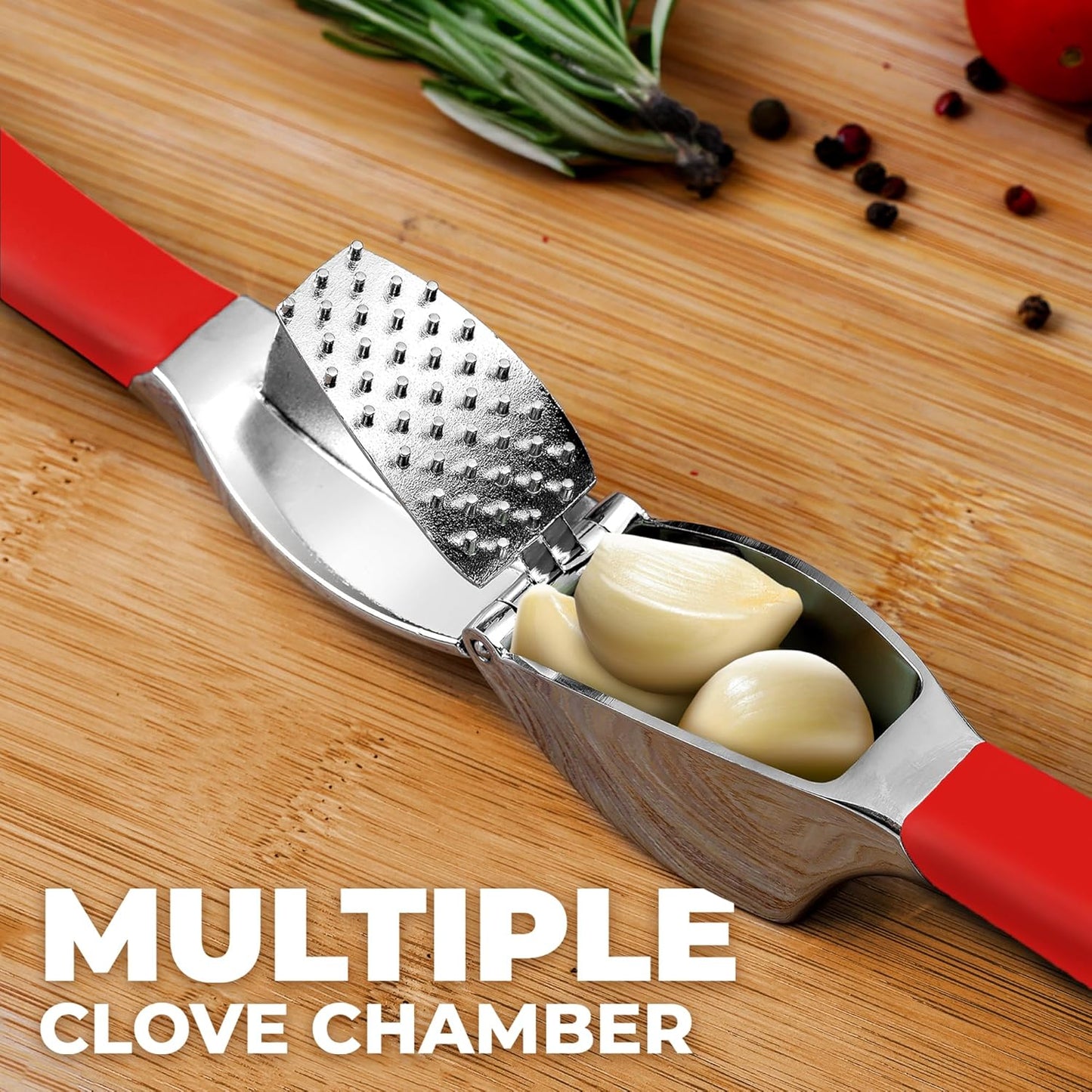 Comfort Grip Garlic Press - Garlic Mincer Tool - Garlic Crusher - Garlic Press Mincer Rust Proof, with Soft Ergonomic Handle, Easy Clean Set with Peeler and Brush