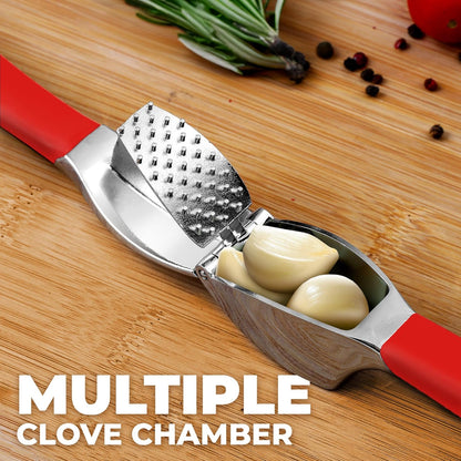 Comfort Grip Garlic Press - Garlic Mincer Tool - Garlic Crusher - Garlic Press Mincer Rust Proof, with Soft Ergonomic Handle, Easy Clean Set with Peeler and Brush