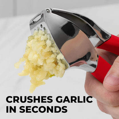 Comfort Grip Garlic Press - Garlic Mincer Tool - Garlic Crusher - Garlic Press Mincer Rust Proof, with Soft Ergonomic Handle, Easy Clean Set with Peeler and Brush