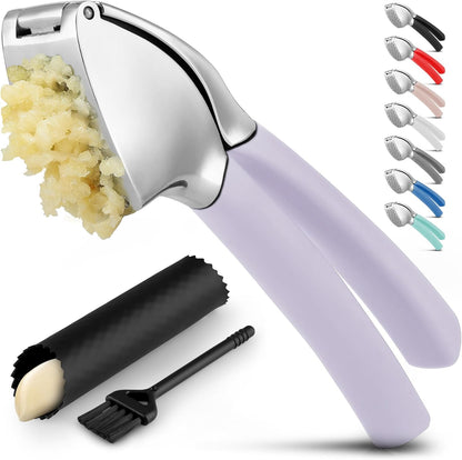 Comfort Grip Garlic Press - Garlic Mincer Tool - Garlic Crusher - Garlic Press Mincer Rust Proof, with Soft Ergonomic Handle, Easy Clean Set with Peeler and Brush