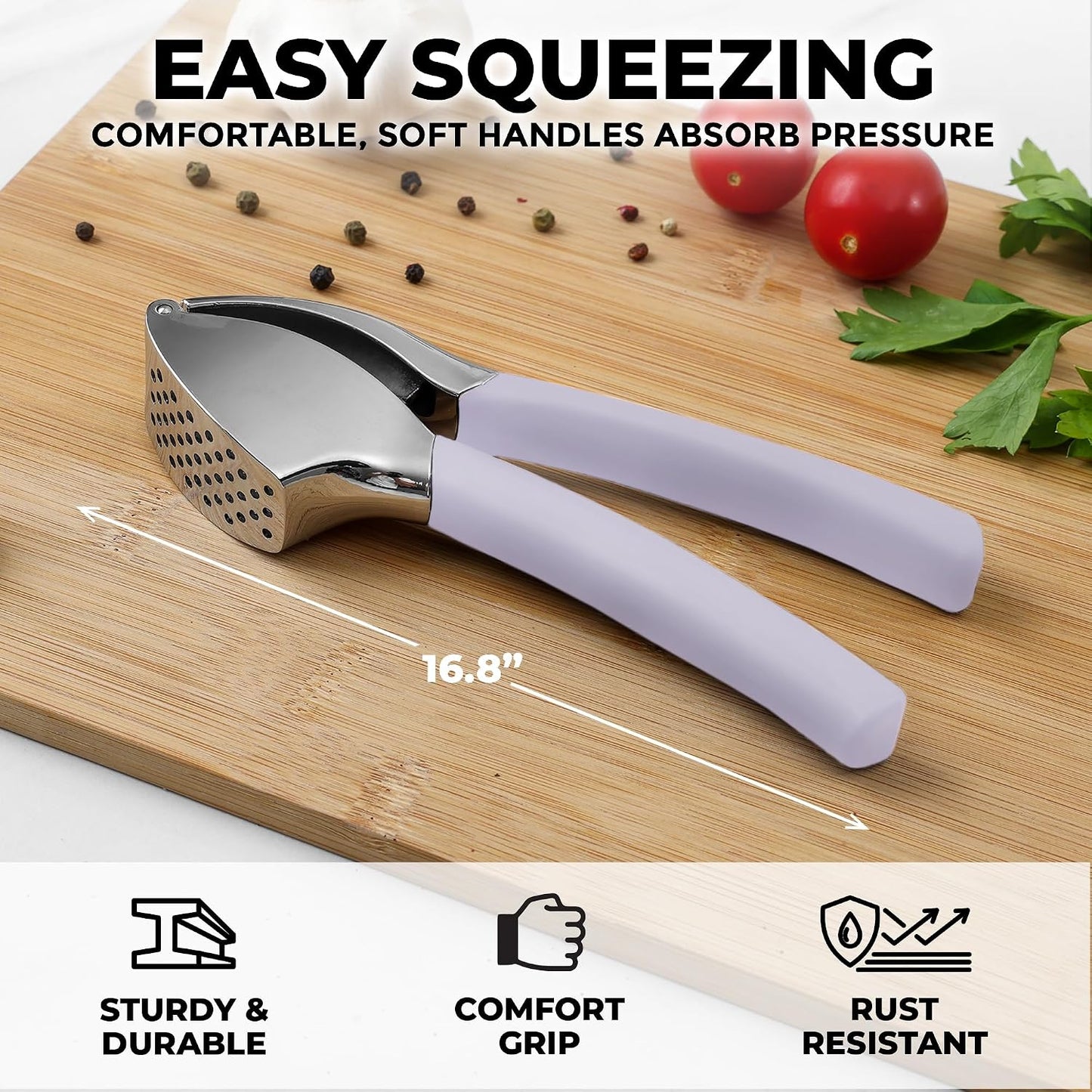 Comfort Grip Garlic Press - Garlic Mincer Tool - Garlic Crusher - Garlic Press Mincer Rust Proof, with Soft Ergonomic Handle, Easy Clean Set with Peeler and Brush