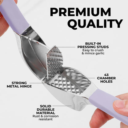 Comfort Grip Garlic Press - Garlic Mincer Tool - Garlic Crusher - Garlic Press Mincer Rust Proof, with Soft Ergonomic Handle, Easy Clean Set with Peeler and Brush