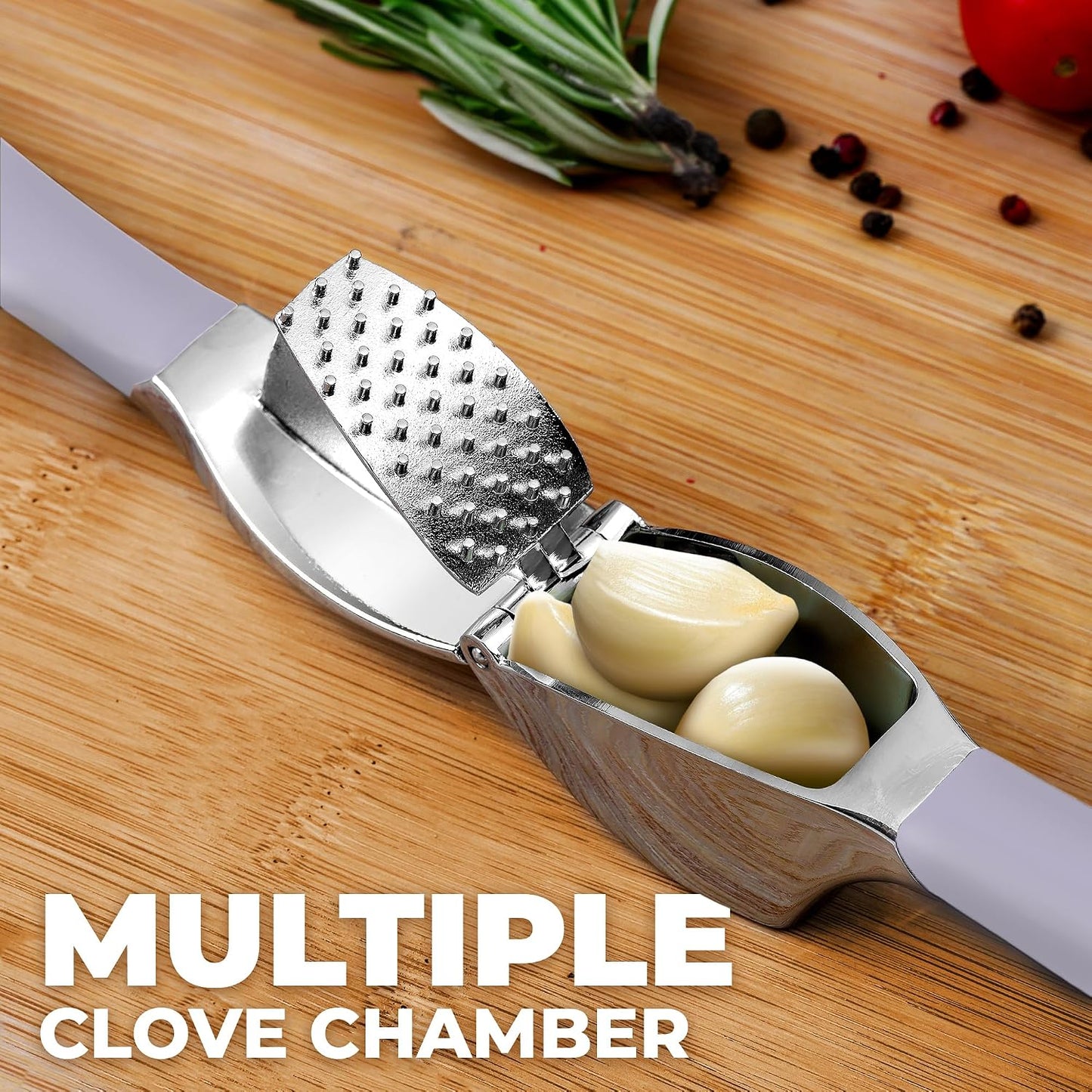 Comfort Grip Garlic Press - Garlic Mincer Tool - Garlic Crusher - Garlic Press Mincer Rust Proof, with Soft Ergonomic Handle, Easy Clean Set with Peeler and Brush