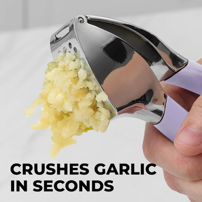 Comfort Grip Garlic Press - Garlic Mincer Tool - Garlic Crusher - Garlic Press Mincer Rust Proof, with Soft Ergonomic Handle, Easy Clean Set with Peeler and Brush