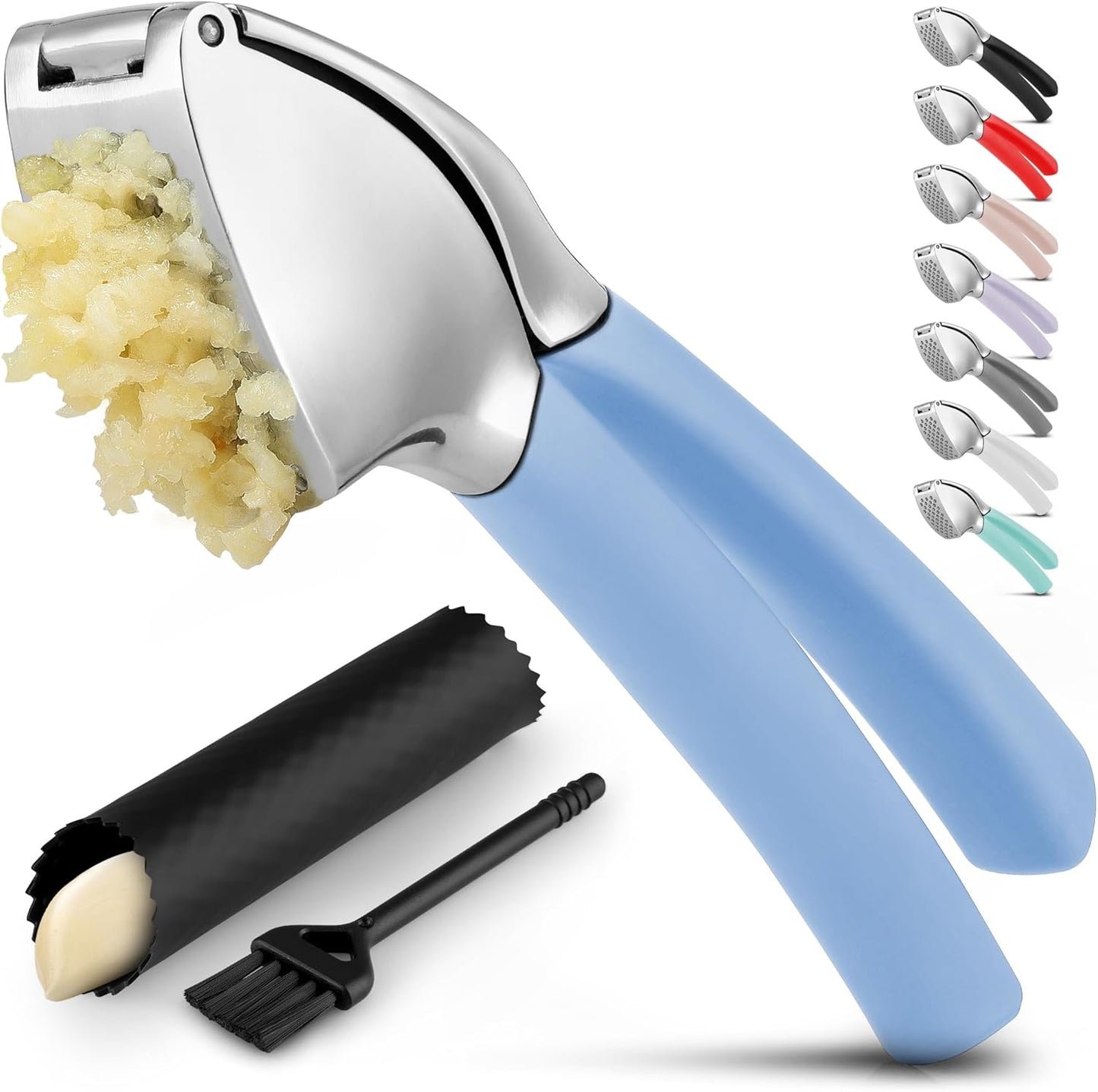 Comfort Grip Garlic Press - Garlic Mincer Tool - Garlic Crusher - Garlic Press Mincer Rust Proof, with Soft Ergonomic Handle, Easy Clean Set with Peeler and Brush