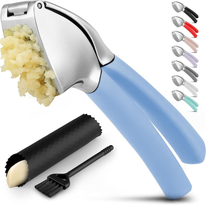 Comfort Grip Garlic Press - Garlic Mincer Tool - Garlic Crusher - Garlic Press Mincer Rust Proof, with Soft Ergonomic Handle, Easy Clean Set with Peeler and Brush