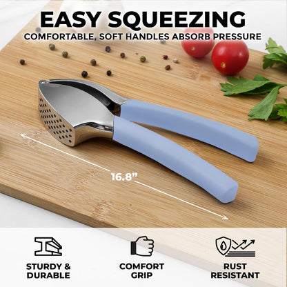 Comfort Grip Garlic Press - Garlic Mincer Tool - Garlic Crusher - Garlic Press Mincer Rust Proof, with Soft Ergonomic Handle, Easy Clean Set with Peeler and Brush