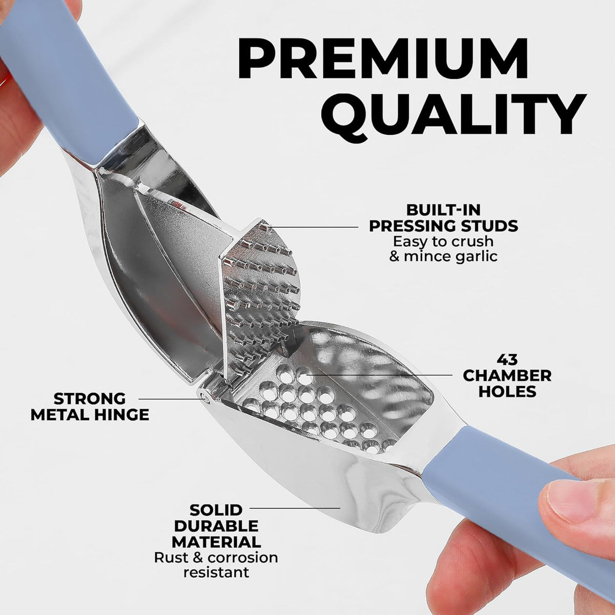Comfort Grip Garlic Press - Garlic Mincer Tool - Garlic Crusher - Garlic Press Mincer Rust Proof, with Soft Ergonomic Handle, Easy Clean Set with Peeler and Brush