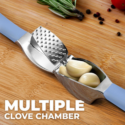 Comfort Grip Garlic Press - Garlic Mincer Tool - Garlic Crusher - Garlic Press Mincer Rust Proof, with Soft Ergonomic Handle, Easy Clean Set with Peeler and Brush