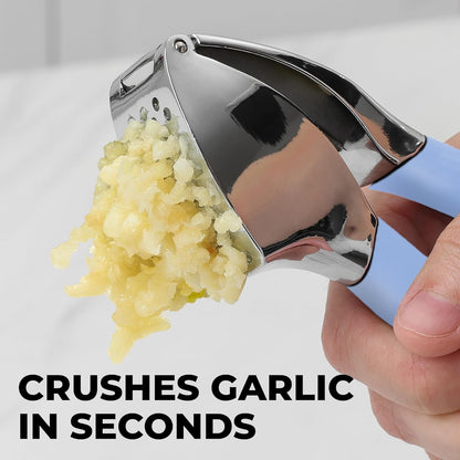 Comfort Grip Garlic Press - Garlic Mincer Tool - Garlic Crusher - Garlic Press Mincer Rust Proof, with Soft Ergonomic Handle, Easy Clean Set with Peeler and Brush