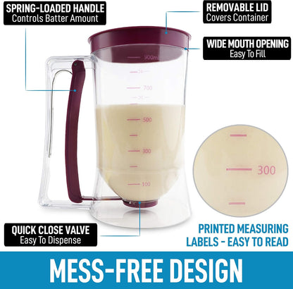 4 Cup Pancake Batter Dispenser With Squeeze Handle - Pancake Dispenser For Batter With Measuring Label - Pancake Batter Mixer Dispenser Bottle For Cupcakes, Crepes, Waffles & More