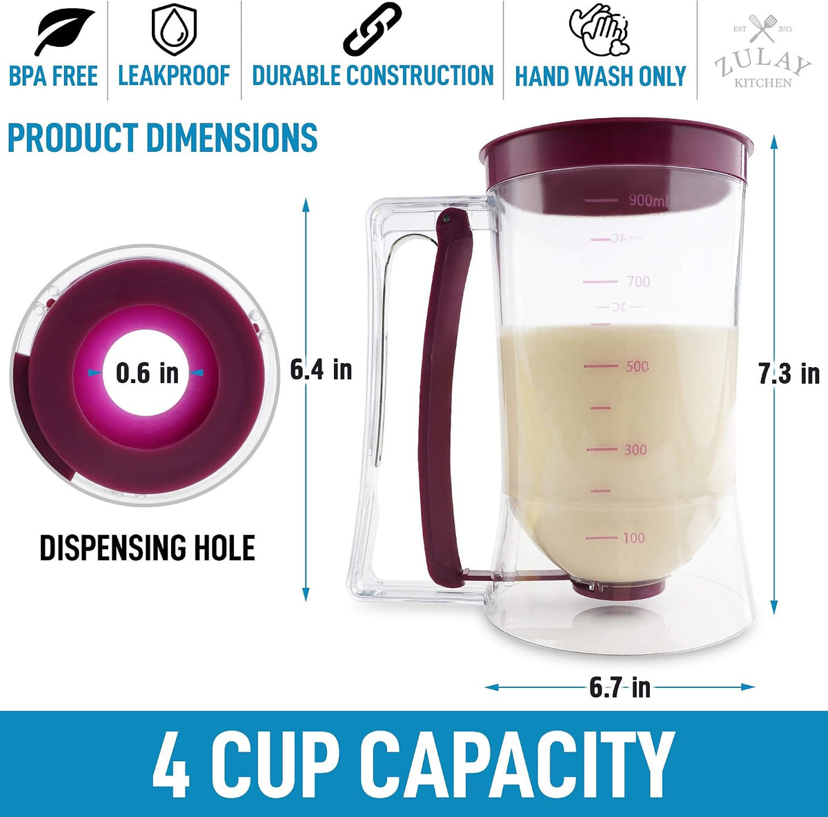 4 Cup Pancake Batter Dispenser With Squeeze Handle - Pancake Dispenser For Batter With Measuring Label - Pancake Batter Mixer Dispenser Bottle For Cupcakes, Crepes, Waffles & More