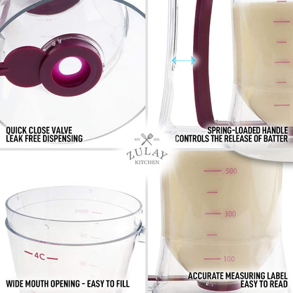 4 Cup Pancake Batter Dispenser With Squeeze Handle - Pancake Dispenser For Batter With Measuring Label - Pancake Batter Mixer Dispenser Bottle For Cupcakes, Crepes, Waffles & More