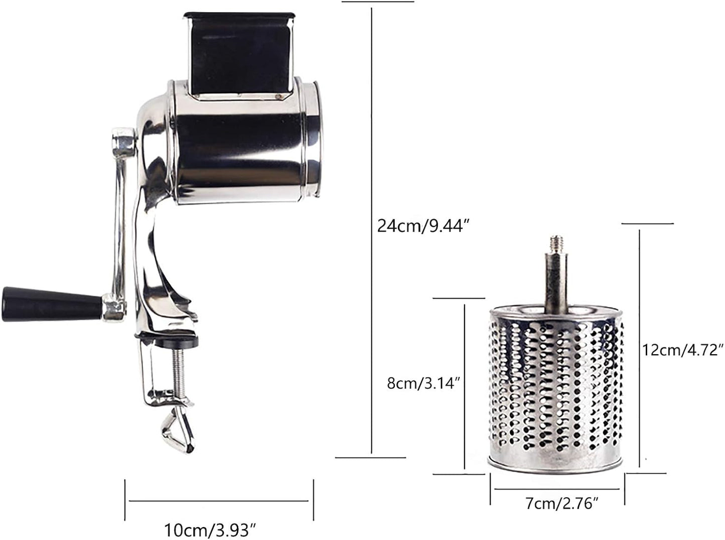 5-in-1 Rotary Cheese Grater Hand Drum Slicer Manual Cheese Shredder Multi-function Stainless Steel Vegetable Chopper Cutter with 5 Blades for Fruit Potato Cucumber Lemon Nut, Silver (Type2)