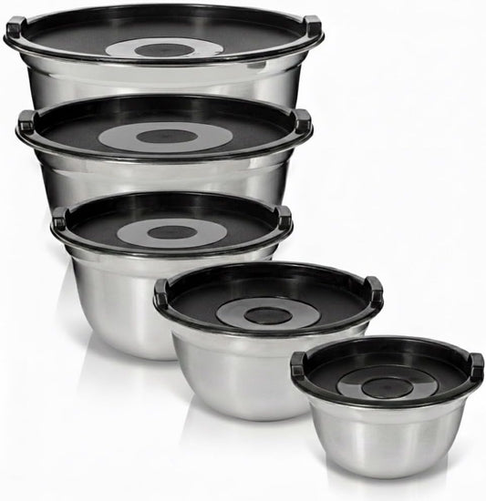 Stainless Steel Mixing Bowls with Lids, 5-Piece Nesting Set | Set includes 5, 3, 1.5, 1 & .75 Quart Rustproof Metal Bowls for Kitchen, Meal Prep, Baking, Cooking, Storage, Dishwasher Safe