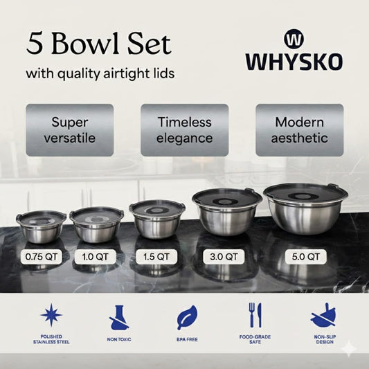 Stainless Steel Mixing Bowls with Lids, 5-Piece Nesting Set | Set includes 5, 3, 1.5, 1 & .75 Quart Rustproof Metal Bowls for Kitchen, Meal Prep, Baking, Cooking, Storage, Dishwasher Safe
