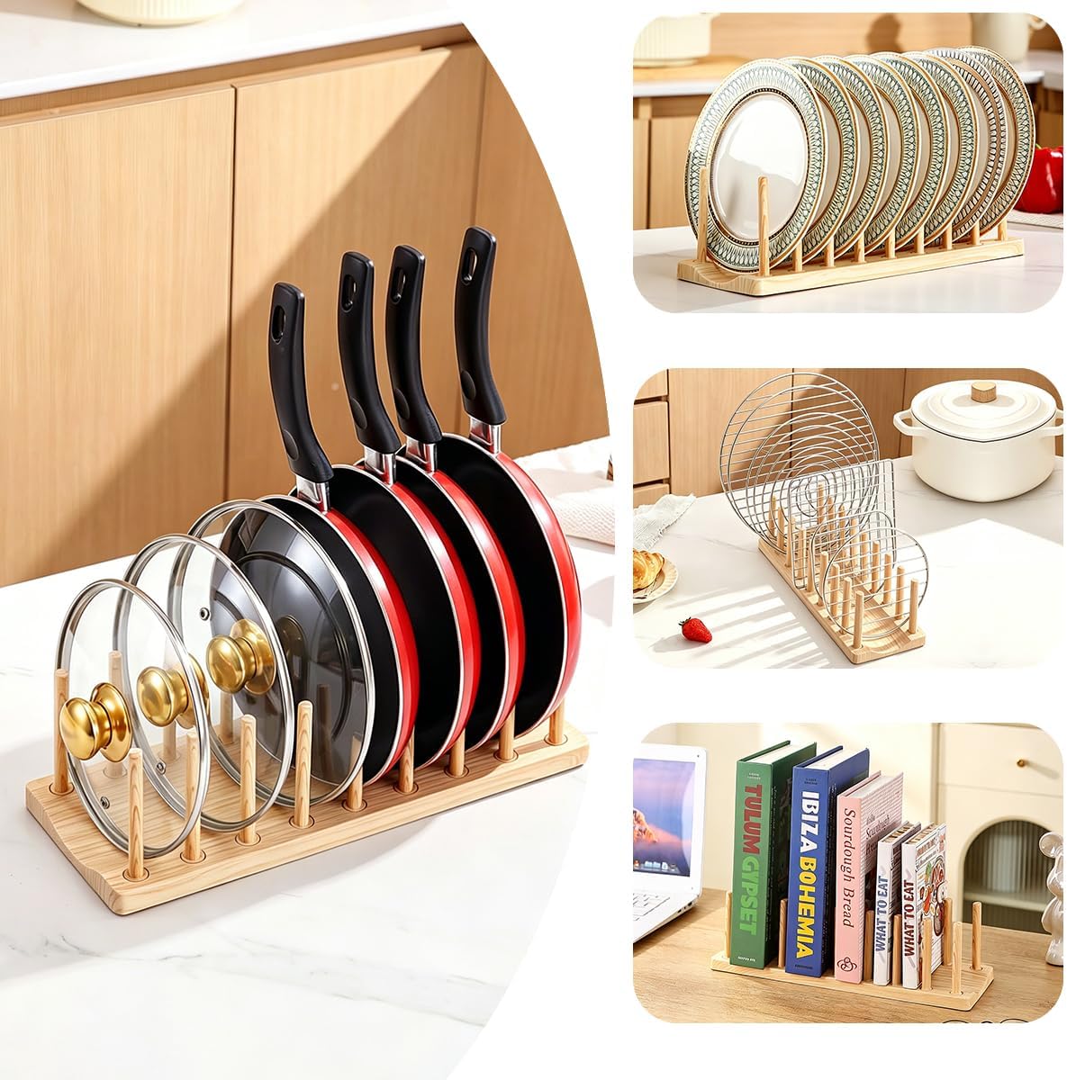 Pot Lid Organizer, Sturdy Plastic Pan Lid Organizer Rack, 8 Adjustable Compartments - For Cabinet and Countertop, Pot Lids, Pans, Plates, Bowls, Cups, Cutting Boards and Books
