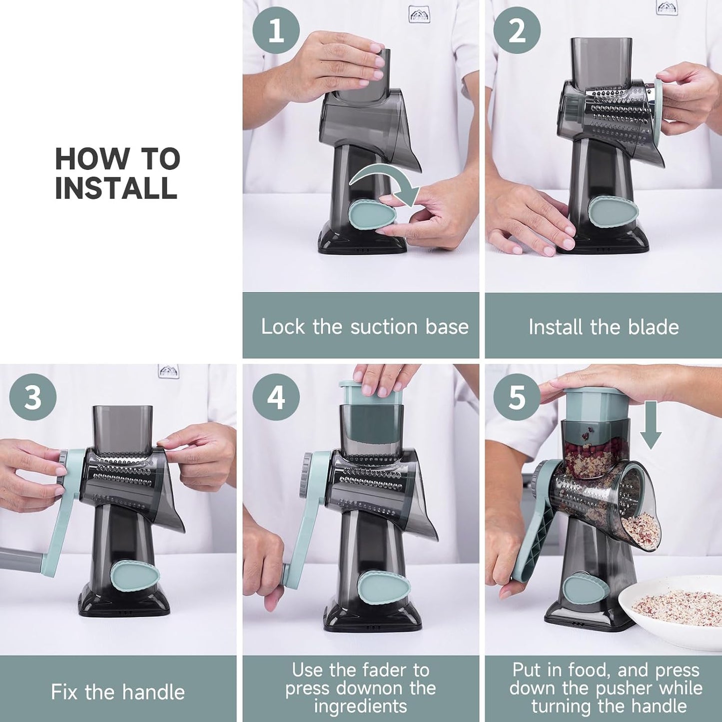 5 in 1 Rotary Cheese Grater, Manual Hand Crank Cheese Grater With Reinforced Suction & 5 Interchangeable Blades, Multifunctional Cheese Shredder, Easy to Use and Clean, Black