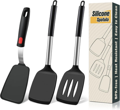 Silicone Spatula Set, Heat Resistant Solid & Slotted Turner for Non-Stick Pans, Silicone Cooking Utensils Set, BPA-Free, Flexible Spatula Turner for Flipping Eggs, Burgers, Pancakes, Black, -A