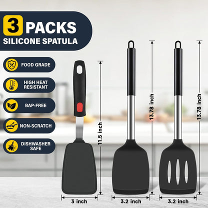 Silicone Spatula Set, Heat Resistant Solid & Slotted Turner for Non-Stick Pans, Silicone Cooking Utensils Set, BPA-Free, Flexible Spatula Turner for Flipping Eggs, Burgers, Pancakes, Black, -A