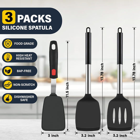 Silicone Spatula Set, Heat Resistant Solid & Slotted Turner for Non-Stick Pans, Silicone Cooking Utensils Set, BPA-Free, Flexible Spatula Turner for Flipping Eggs, Burgers, Pancakes, Black, -A