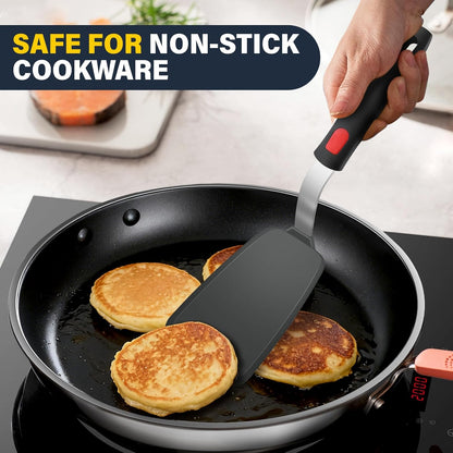 Silicone Spatula Set, Heat Resistant Solid & Slotted Turner for Non-Stick Pans, Silicone Cooking Utensils Set, BPA-Free, Flexible Spatula Turner for Flipping Eggs, Burgers, Pancakes, Black, -A
