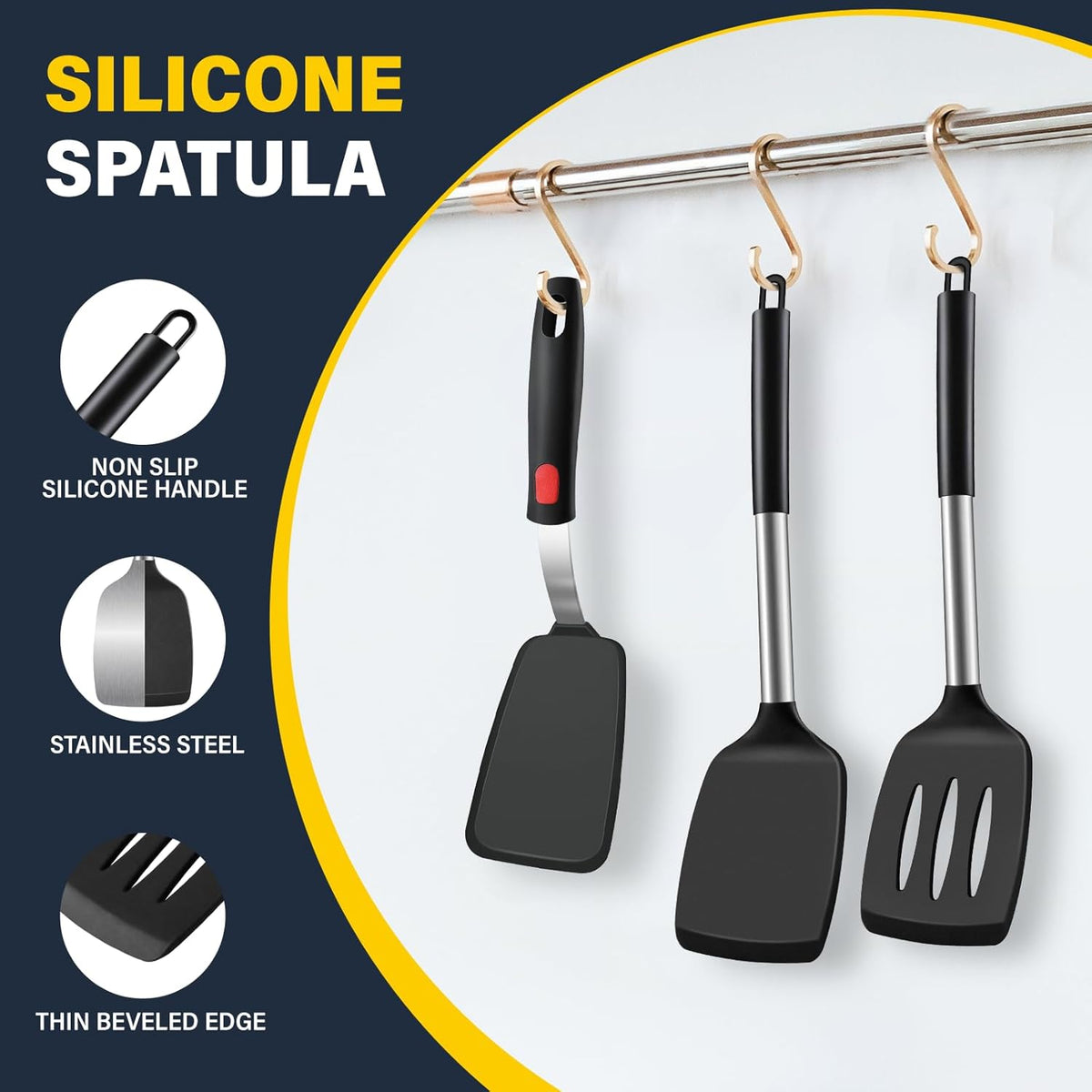 Silicone Spatula Set, Heat Resistant Solid & Slotted Turner for Non-Stick Pans, Silicone Cooking Utensils Set, BPA-Free, Flexible Spatula Turner for Flipping Eggs, Burgers, Pancakes, Black, -A