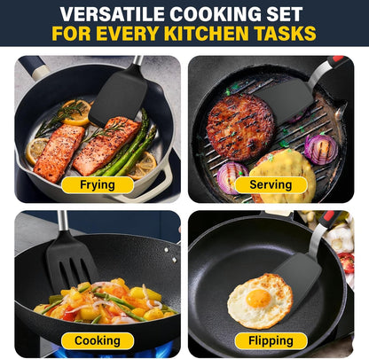 Silicone Spatula Set, Heat Resistant Solid & Slotted Turner for Non-Stick Pans, Silicone Cooking Utensils Set, BPA-Free, Flexible Spatula Turner for Flipping Eggs, Burgers, Pancakes, Black, -A