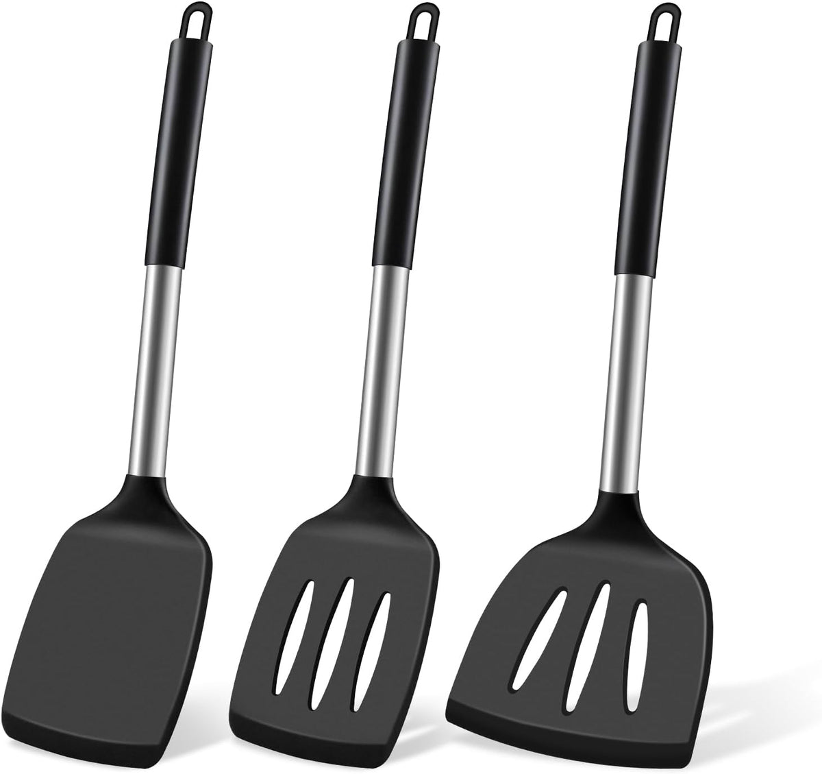 Silicone Spatula Set, Heat Resistant Solid & Slotted Turner for Non-Stick Pans, Silicone Cooking Utensils Set, BPA-Free, Flexible Spatula Turner for Flipping Eggs, Burgers, Pancakes, Black, -A