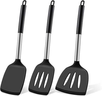 Silicone Spatula Set, Heat Resistant Solid & Slotted Turner for Non-Stick Pans, Silicone Cooking Utensils Set, BPA-Free, Flexible Spatula Turner for Flipping Eggs, Burgers, Pancakes, Black, -A