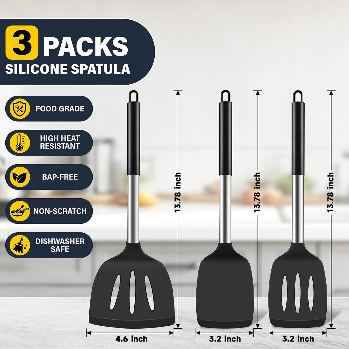 Silicone Spatula Set, Heat Resistant Solid & Slotted Turner for Non-Stick Pans, Silicone Cooking Utensils Set, BPA-Free, Flexible Spatula Turner for Flipping Eggs, Burgers, Pancakes, Black, -A
