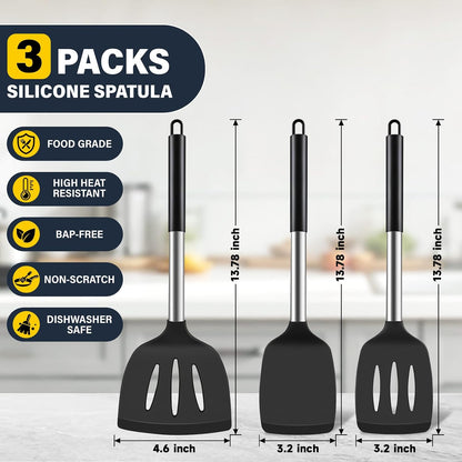 Silicone Spatula Set, Heat Resistant Solid & Slotted Turner for Non-Stick Pans, Silicone Cooking Utensils Set, BPA-Free, Flexible Spatula Turner for Flipping Eggs, Burgers, Pancakes, Black, -A