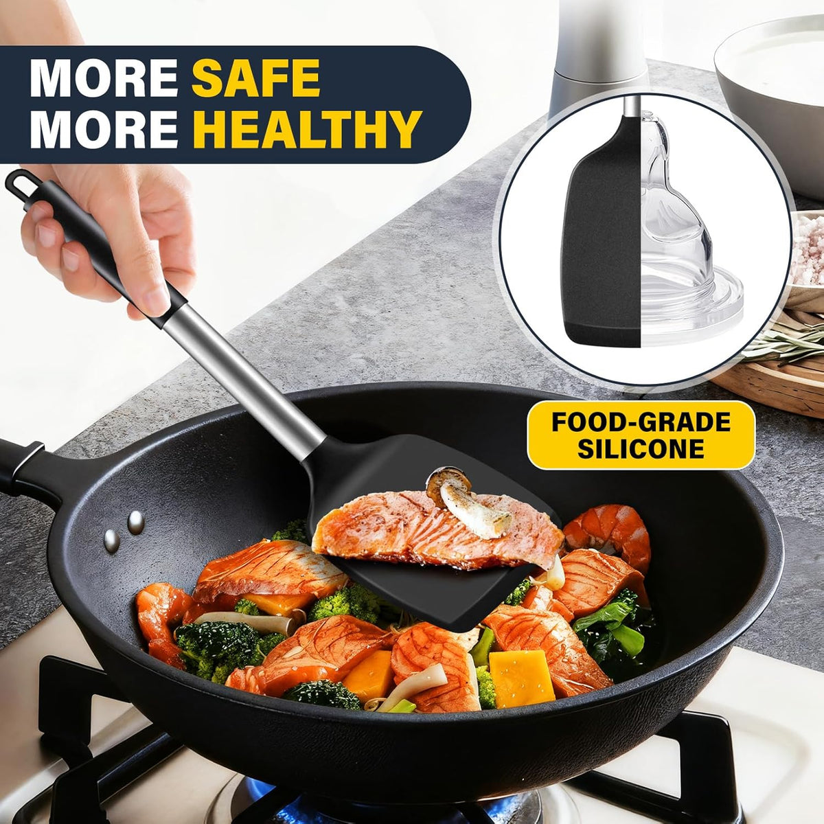 Silicone Spatula Set, Heat Resistant Solid & Slotted Turner for Non-Stick Pans, Silicone Cooking Utensils Set, BPA-Free, Flexible Spatula Turner for Flipping Eggs, Burgers, Pancakes, Black, -A