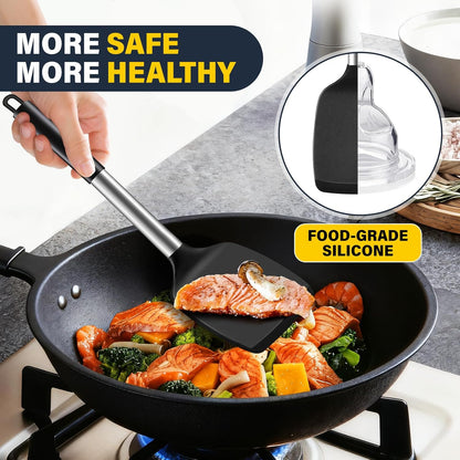 Silicone Spatula Set, Heat Resistant Solid & Slotted Turner for Non-Stick Pans, Silicone Cooking Utensils Set, BPA-Free, Flexible Spatula Turner for Flipping Eggs, Burgers, Pancakes, Black, -A