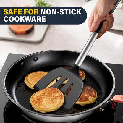 Silicone Spatula Set, Heat Resistant Solid & Slotted Turner for Non-Stick Pans, Silicone Cooking Utensils Set, BPA-Free, Flexible Spatula Turner for Flipping Eggs, Burgers, Pancakes, Black, -A