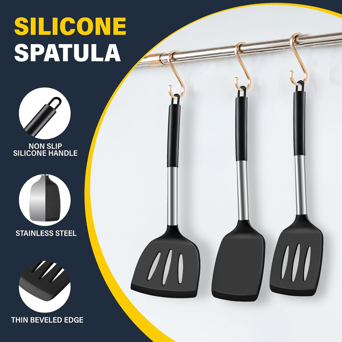 Silicone Spatula Set, Heat Resistant Solid & Slotted Turner for Non-Stick Pans, Silicone Cooking Utensils Set, BPA-Free, Flexible Spatula Turner for Flipping Eggs, Burgers, Pancakes, Black, -A