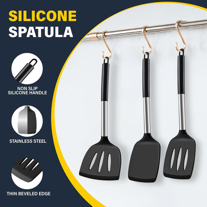Silicone Spatula Set, Heat Resistant Solid & Slotted Turner for Non-Stick Pans, Silicone Cooking Utensils Set, BPA-Free, Flexible Spatula Turner for Flipping Eggs, Burgers, Pancakes, Black, -A