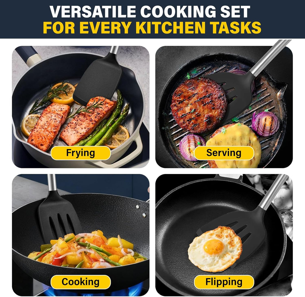 Silicone Spatula Set, Heat Resistant Solid & Slotted Turner for Non-Stick Pans, Silicone Cooking Utensils Set, BPA-Free, Flexible Spatula Turner for Flipping Eggs, Burgers, Pancakes, Black, -A