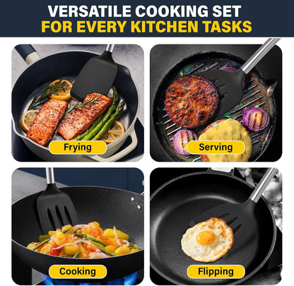 Silicone Spatula Set, Heat Resistant Solid & Slotted Turner for Non-Stick Pans, Silicone Cooking Utensils Set, BPA-Free, Flexible Spatula Turner for Flipping Eggs, Burgers, Pancakes, Black, -A