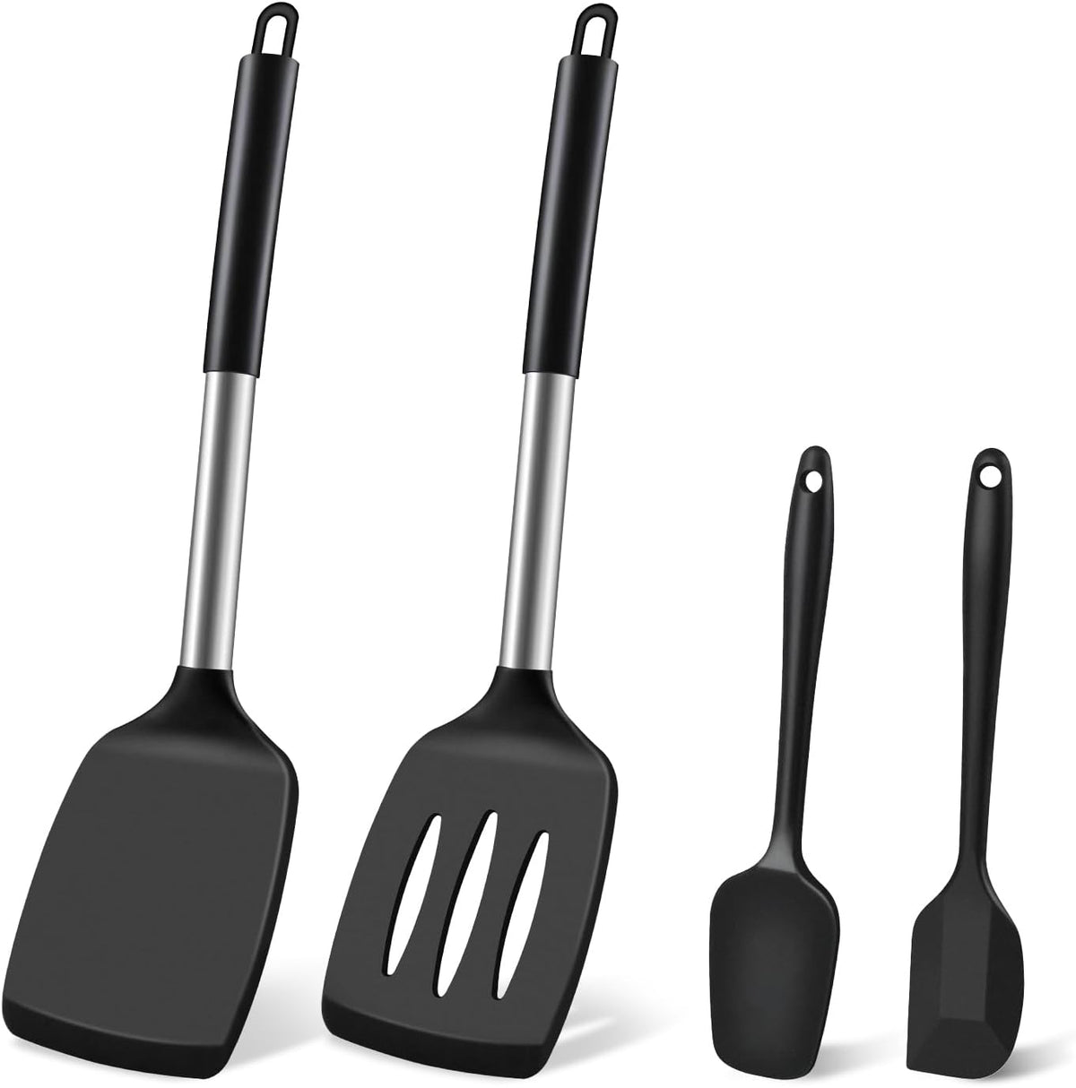 Silicone Spatula Set, Heat Resistant Solid & Slotted Turner for Non-Stick Pans, Silicone Cooking Utensils Set, BPA-Free, Flexible Spatula Turner for Flipping Eggs, Burgers, Pancakes, Black, -A