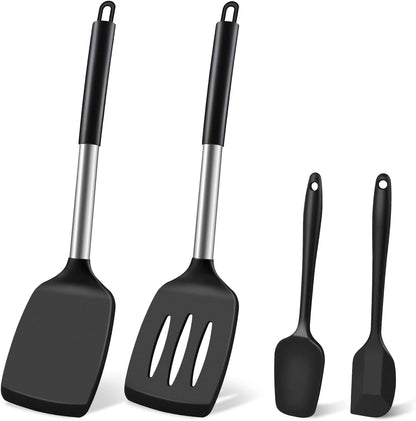 Silicone Spatula Set, Heat Resistant Solid & Slotted Turner for Non-Stick Pans, Silicone Cooking Utensils Set, BPA-Free, Flexible Spatula Turner for Flipping Eggs, Burgers, Pancakes, Black, -A