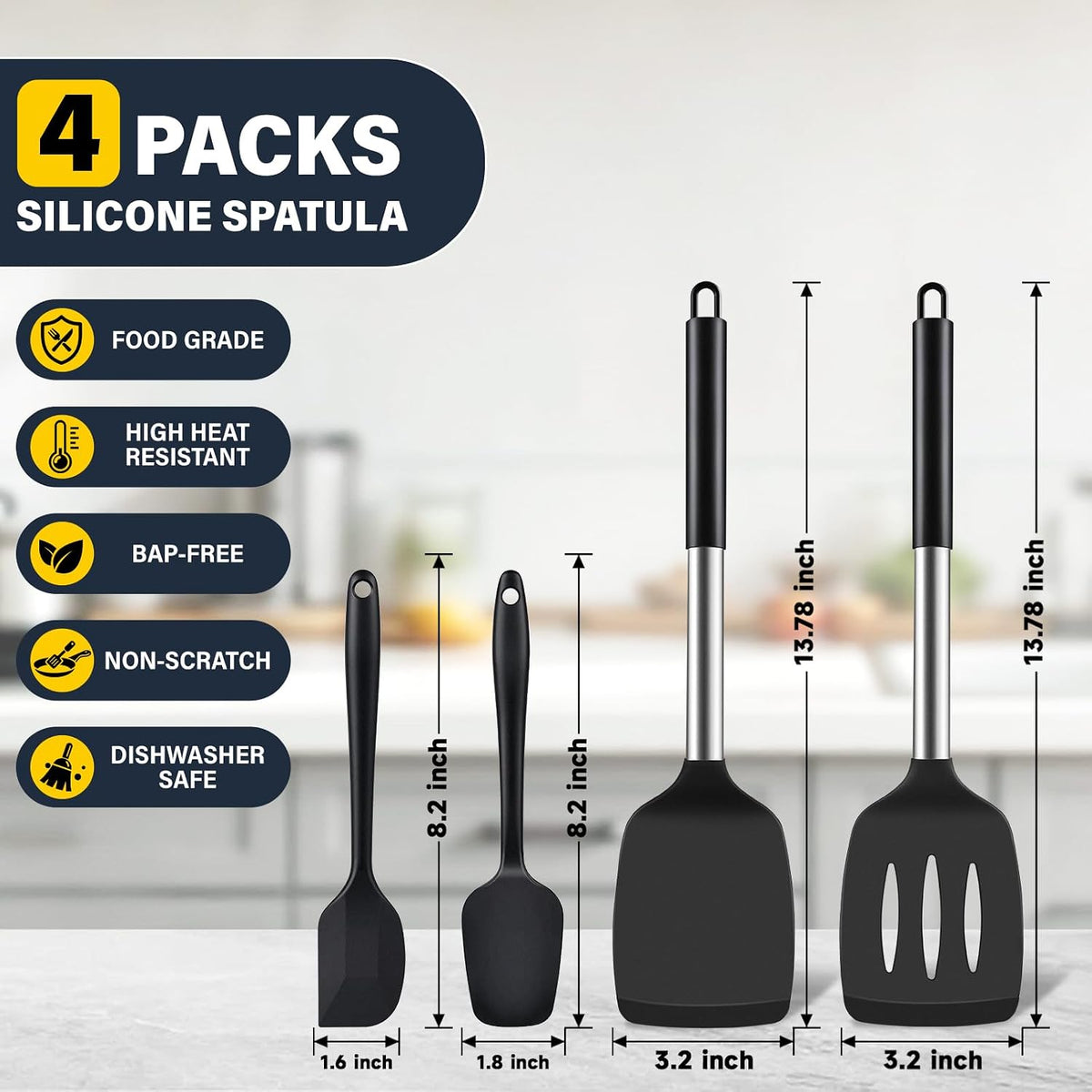 Silicone Spatula Set, Heat Resistant Solid & Slotted Turner for Non-Stick Pans, Silicone Cooking Utensils Set, BPA-Free, Flexible Spatula Turner for Flipping Eggs, Burgers, Pancakes, Black, -A